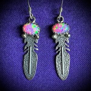 Running Bear Opal & Sterling Feather Earrings